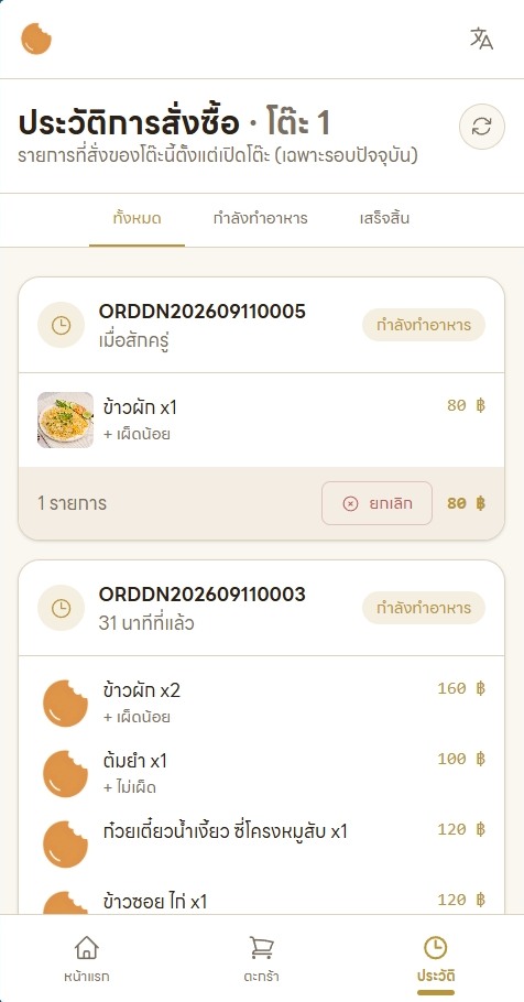 ประวัติการสั่งซื้อของโต๊ะ 1 บนมือถือ สถานะกำลังทำอาหาร